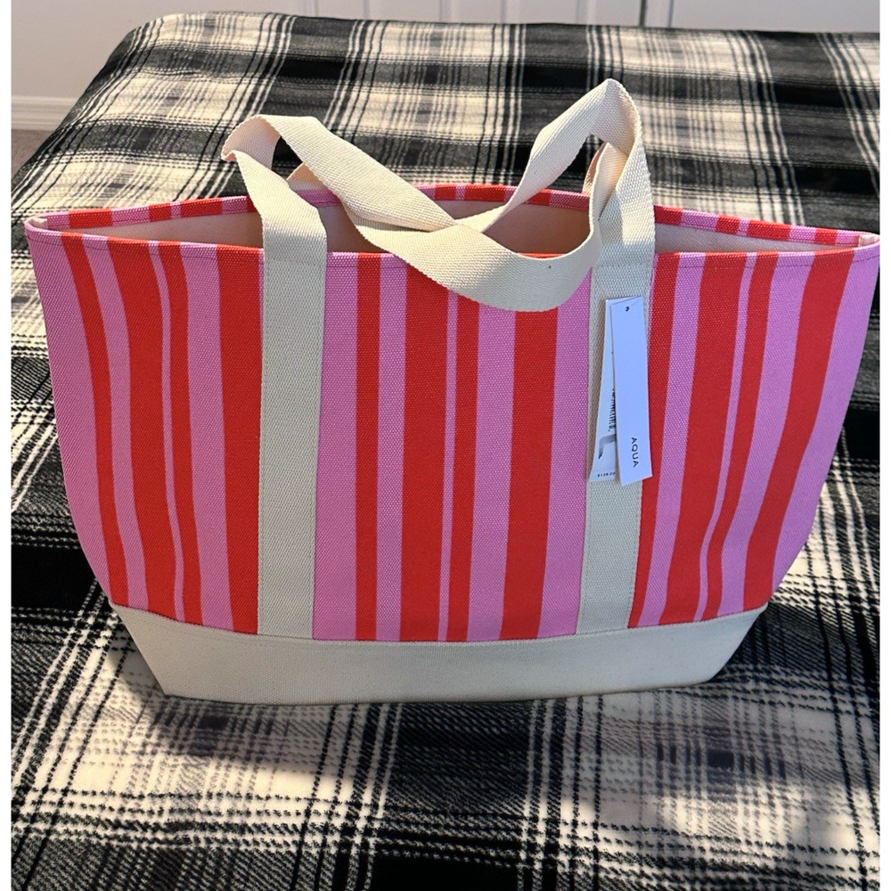 AQUA Pink Red Canvas Tote Bag Bloomingdale’s Exclusive Cotton NWT